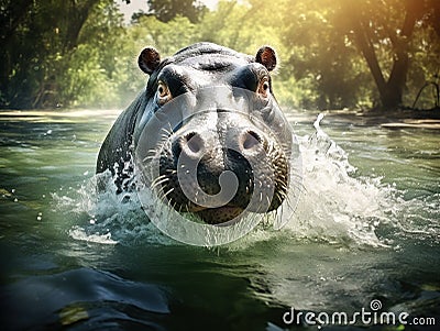 Hippo in water Cartoon Illustration