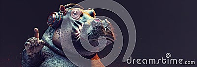 Hippo wearing headphones on a dark background space for text. Generated AI Stock Photo