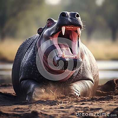 Ai Generated illustration Wildlife Concept of Hippo yawn Cartoon Illustration