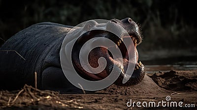 A hippo yawning displaying its massive teeth created with Generative AI Stock Photo