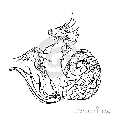 Hippocampus or kelpie supernatural water beast. Black and white sketch. Cartoon Illustration