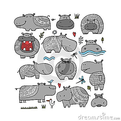 Hippopotamus collection, cute hippo character for your design Vector Illustration