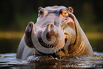 Hippopotamus exhibits aggression, showcasing territorial and assertive behaviors Stock Photo