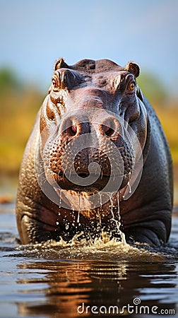 Hippopotamus exhibits aggression, showcasing territorial and assertive behaviors Stock Photo