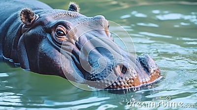 Hippopotamus in green lake water open muzzle. Hippo waiting food in zoo. generative ai Stock Photo