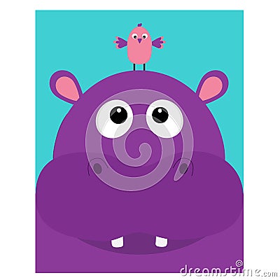 Hippopotamus head facelooking up to bird. Cute cartoon character hippo with tooth. Violet behemoth river-horse icon. Baby animal c Vector Illustration