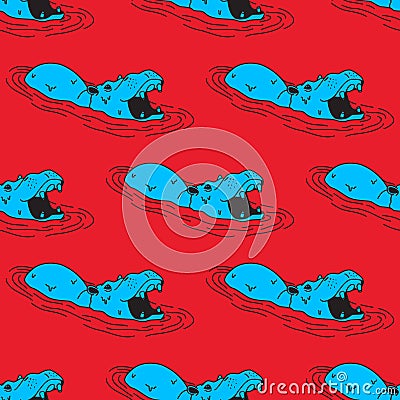 Hippopotamus Hippo Seamless Pattern Vector isolated wallpaper background red Stock Photo