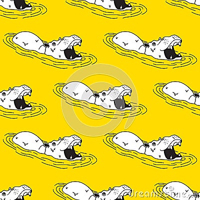 Hippopotamus Hippo Seamless Pattern Vector isolated wallpaper background Yellow Stock Photo