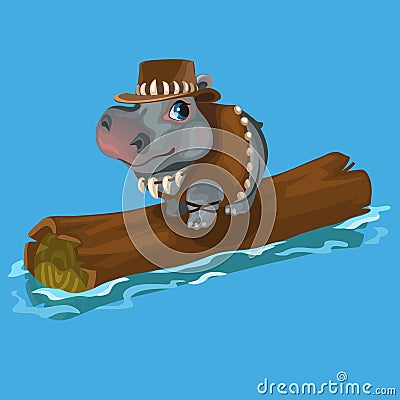 Hippopotamus hunter swimming a river on a log Vector Illustration