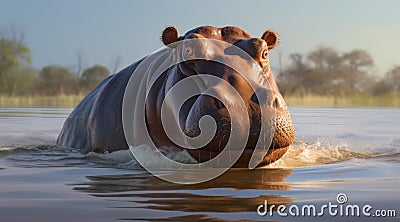 Hippopotamus in lake wate. Hippo waiting food in zoo. Specie Hippopotamus amphibius family of Hippopotamidae. Animal in Stock Photo