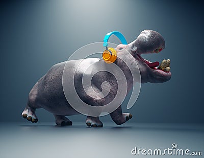 Hippopotamus listens to music on headphones Cartoon Illustration