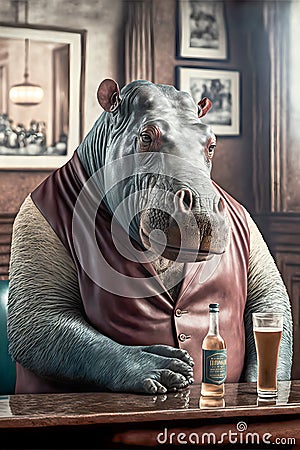 Hippopotamus sits in cafe like a man Cartoon Illustration