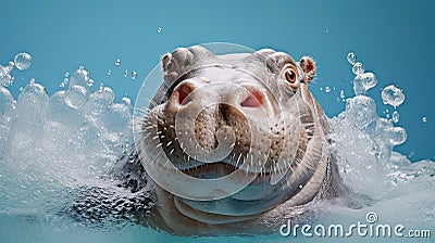 A hippopotamus swims in a tub with foam Stock Photo