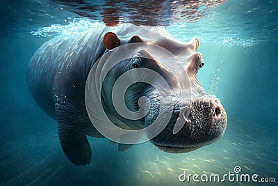 Hippopotamus swims underwater in river or lake, wild hippo in water Stock Photo