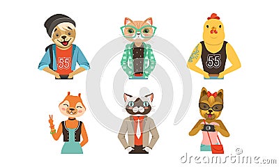 Hipster Animal with Body Dressed in Human Clothing and Garment Vector Set Vector Illustration