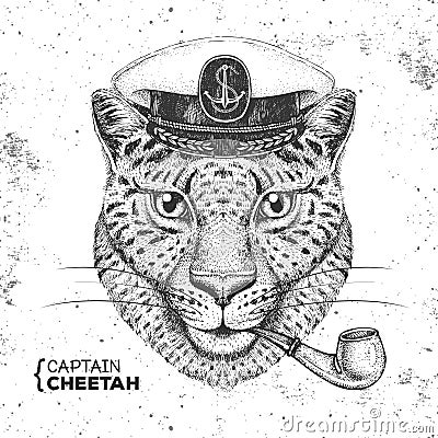 Hipster animal cheetah captain`s cap and smoking pipe. Hand drawing Muzzle of cheetah Vector Illustration