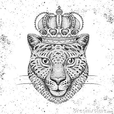 Hipster animal cheetah in crown. Hand drawing Muzzle of cheetah Vector Illustration