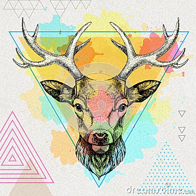 Hipster animal deer on artistic polygon watercolor background Vector Illustration