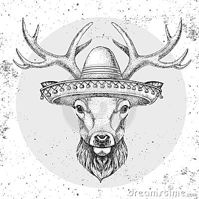 Hipster animal deer wearing a sombrero hat. Hand drawing Muzzle of deer Vector Illustration