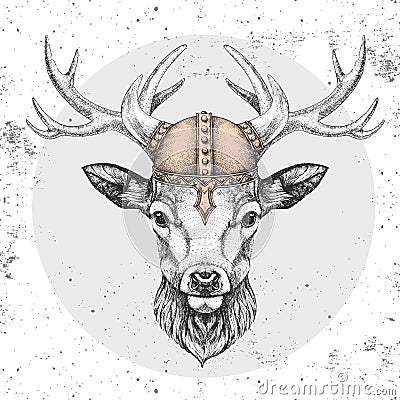 Hipster animal deer wearing a viking helmet. Hand drawing Muzzle of deer Vector Illustration