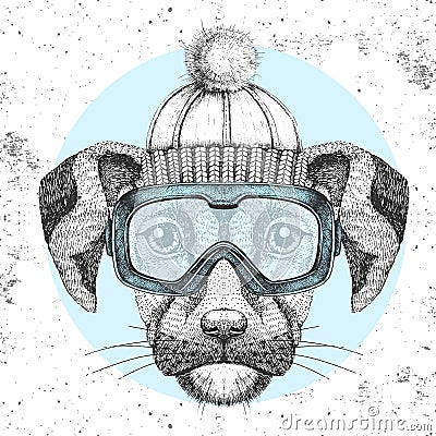 Hipster animal dog in winter hat and snowboard goggles. Hand drawing Muzzle of dog Vector Illustration