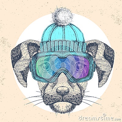 Hipster animal dog in winter hat and snowboard goggles. Hand drawing Muzzle of dog Vector Illustration