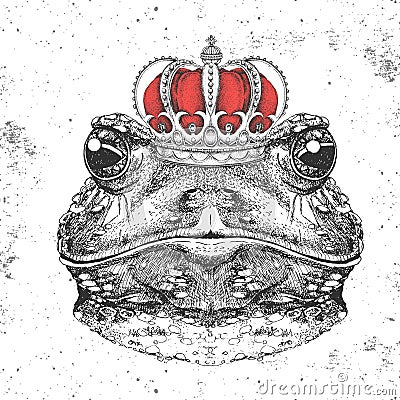 Hipster animal frog in crown. Hand drawing Muzzle of frog Vector Illustration