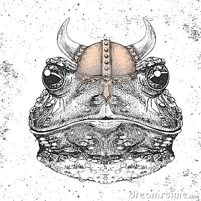 Hipster animal frog wearing a viking helmet. Hand drawing Muzzle of frog Vector Illustration