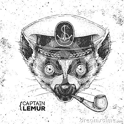 Hipster animal lemur captain`s cap and smoking pipe. Hand drawing Muzzle of lemur Vector Illustration