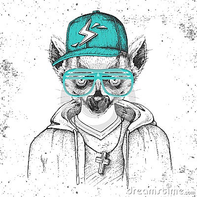 Hipster animal lemur dressed in cap like rapper. Hand drawing Muzzle of lemur Vector Illustration
