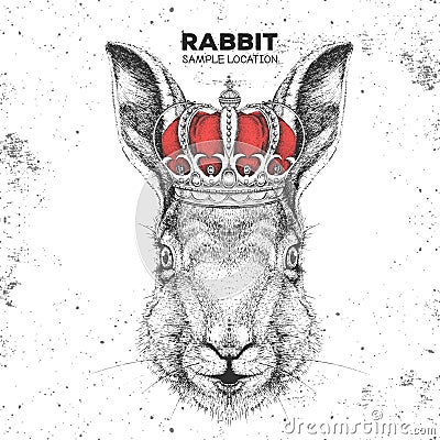 Hipster animal rabbit in crown. Hand drawing Muzzle of bunny Vector Illustration