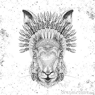 Hipster animal rabbit with indian feather headdress. Hand drawing Muzzle of animal rabbit Vector Illustration