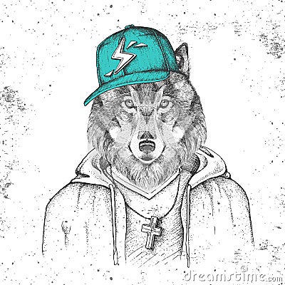Hipster animal wolf dressed in cap like rapper. Hand drawing Muzzle of wolf Vector Illustration