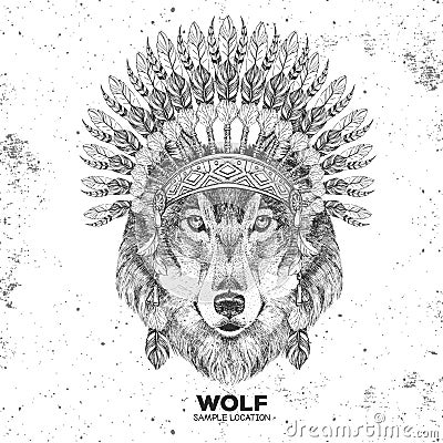 Hipster animal wolf with indian feather headdress. Hand drawing Muzzle of animal wolf Vector Illustration