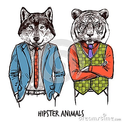 Hipster Animals Set Vector Illustration