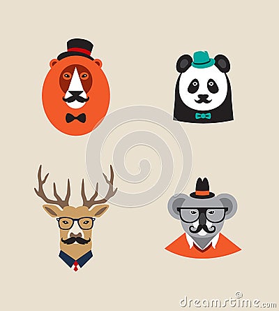Hipster Animals set of vector icons. Lion, panda Vector Illustration