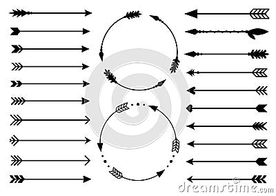 Hipster arrows. Arrows in boho style. Tribal arrows. Set of Indian style arrows. Rustic decorative arrows. Vector Vector Illustration