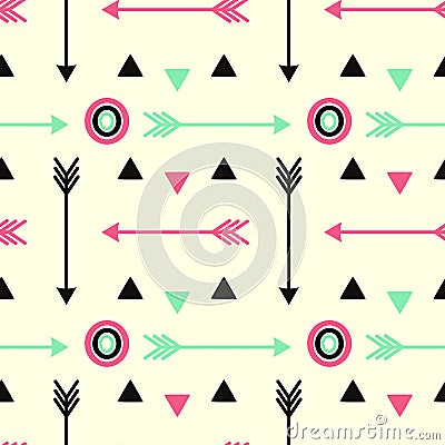 Hipster arrows pink black and fluorescent green with circles seamless pattern background illustration Vector Illustration