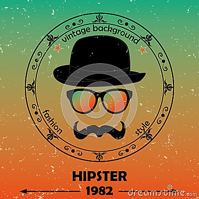 Hipster background. Retro vintage label design. Hipster theme label, card. Mustache, Glasses and Bowler Hat Stock Photo