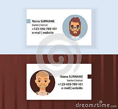 Hipster Barber Shop Business Card design template. Gentlemen s Club illustration. Men with modern stylish haircuts Cartoon Illustration