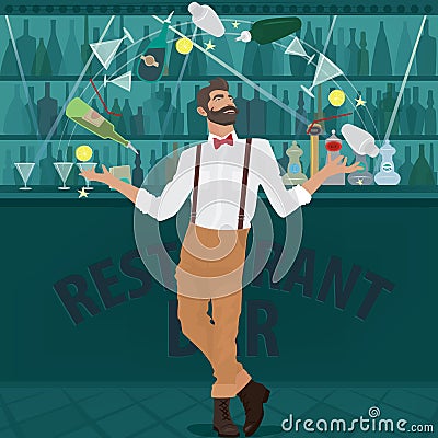 Hipster bartender deftly juggles bottles Vector Illustration