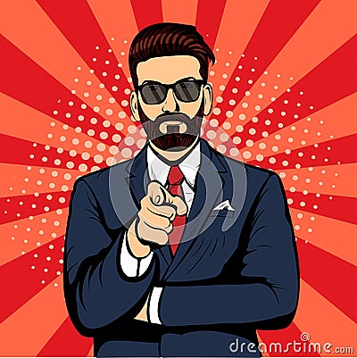 Hipster beard businessman pointing finger pop art retro vector illustration Vector Illustration