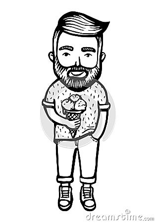 Hipster with beard and ice cream. Hand Drawn summer Doodle. Vector Illustration cartoon character. Bearded man. Vector Illustration