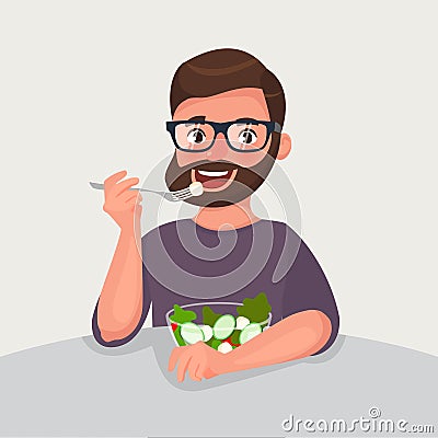 Hipster beard man is eating a salad. Vegetarian concept of healthy nutrition and lifestyle Vector Illustration