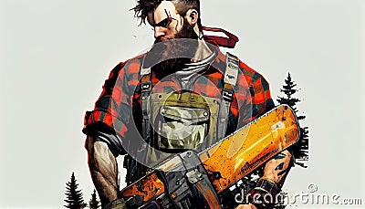 Hipster with beard on serious face carries axe on shoulder sky on background Lumberjack brutal and bearded holds axe. Stock Photo