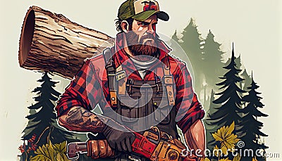 Hipster with beard on serious face carries axe on shoulder sky on background Lumberjack brutal and bearded holds axe. Stock Photo