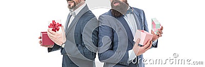 Hipster bearded bought gifts. Holiday shopping. Buy gifts. Prepared something special. Men classic suit hold gifts Stock Photo