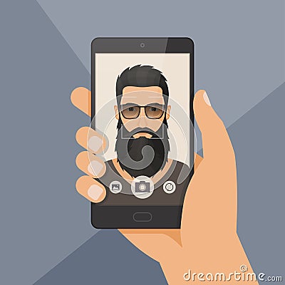 Hipster bearded man lumberjack takes selfie using a smartphone. Vector Illustration