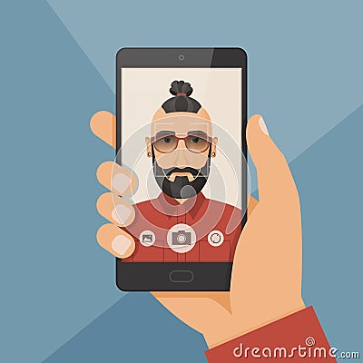 Hipster bearded young man takes selfie using a smartphone. Vector Illustration