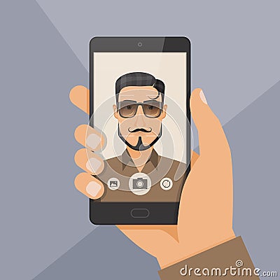 Hipster bearded young man takes selfie using a smartphone. Vector Illustration